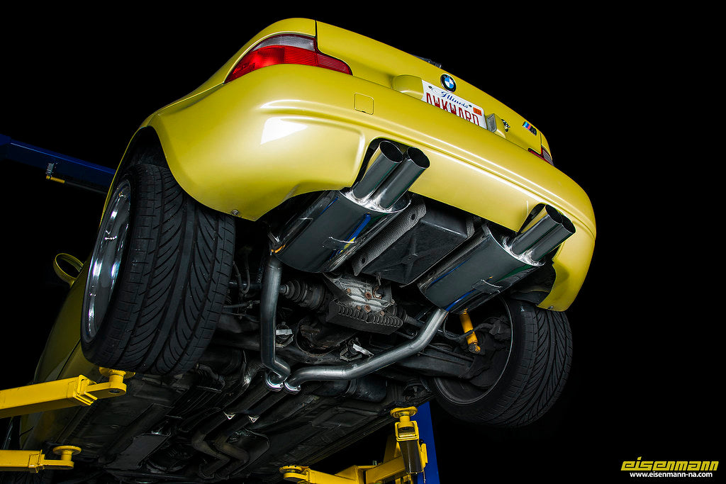 Eisenmann E36/7 Z3M performance exhaust system with polished stainless steel muffler and dual exhaust tips.