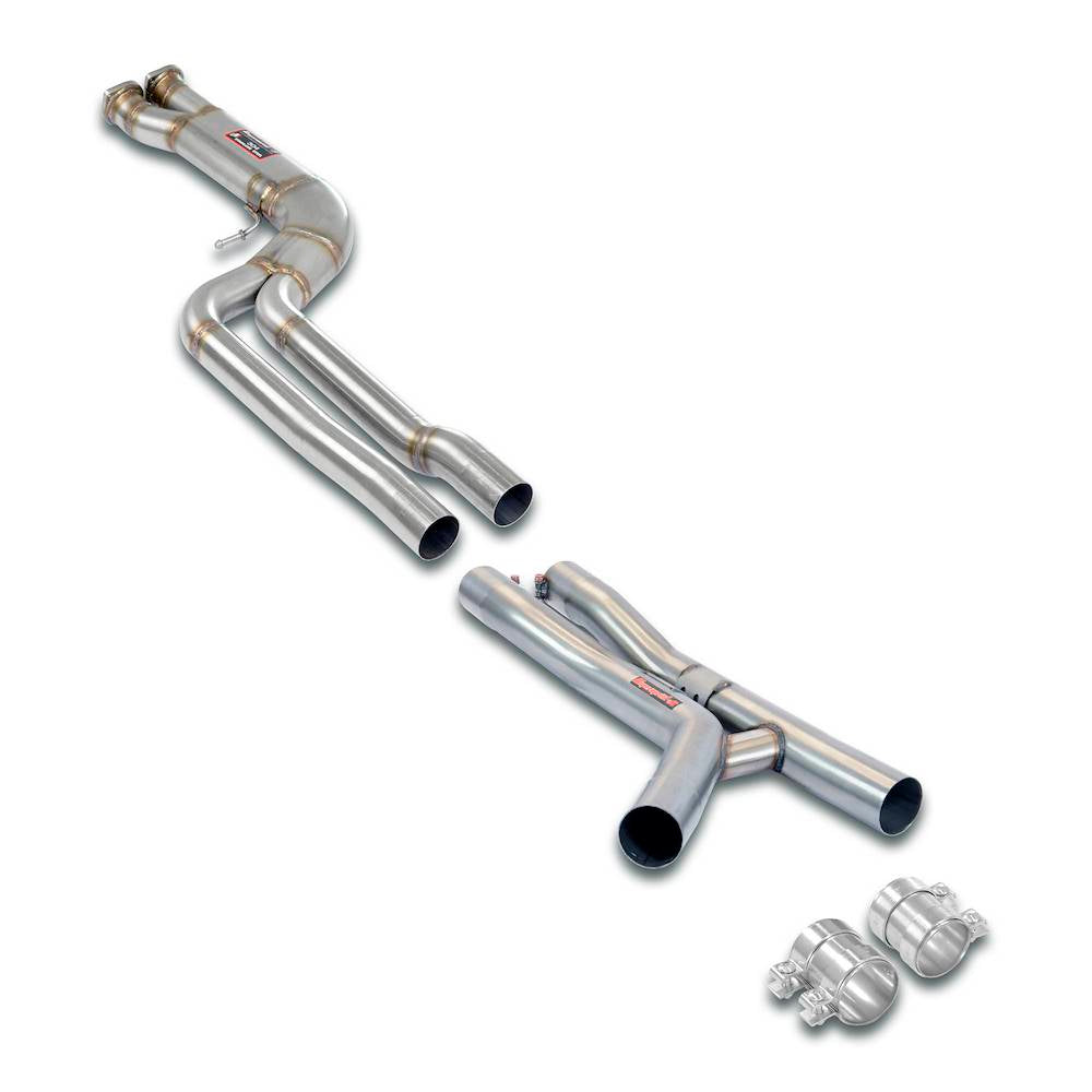 Supersprint BMW F8X M3 M4 J-Pipe resonator delete exhaust package installed on OEM muffler, showing polished metal components.