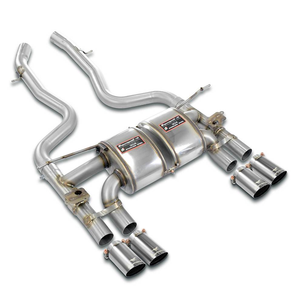 Supersprint stainless steel rear exhaust package with four 80mm valved tips for BMW F8X M3 and M4 models.
