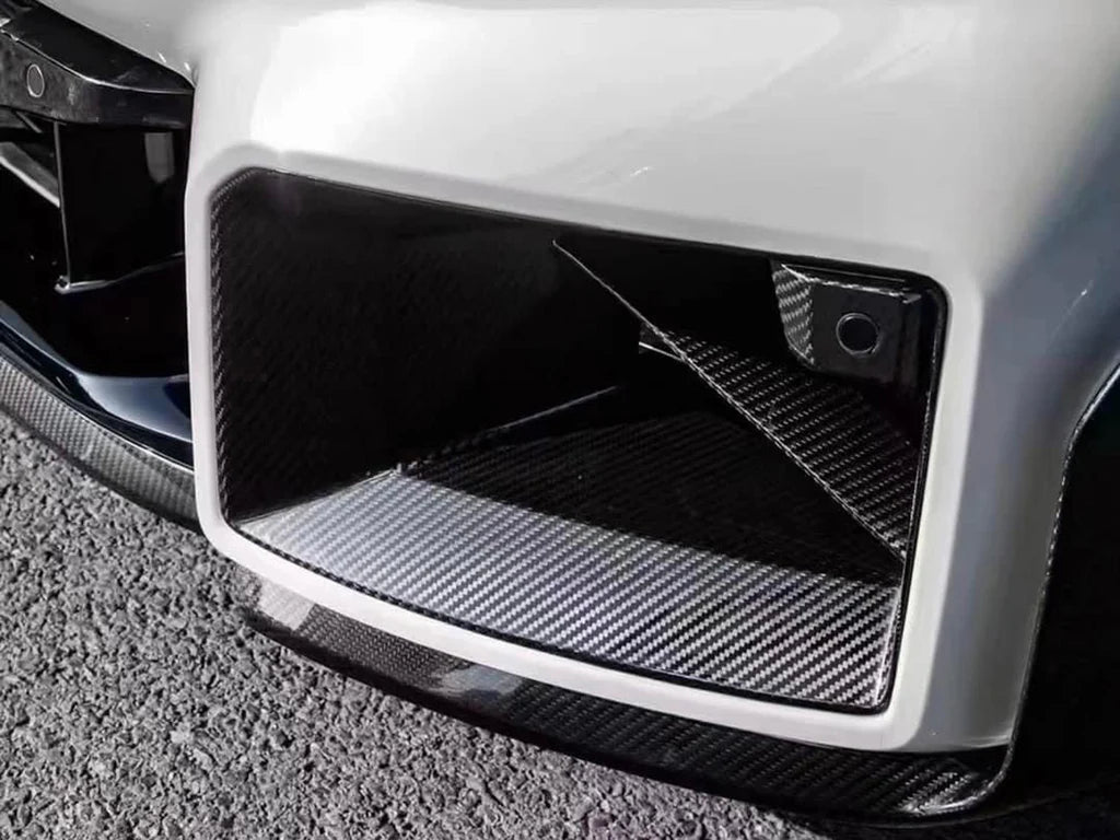 AutoTecknic G87 M2 dry carbon front air inlet trim set for BMW G87 M2 exterior enhancement, showcasing sleek carbon fiber design.