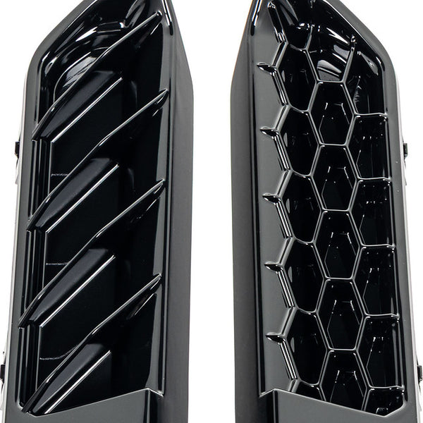 Close-up comparison of the Acexxon G87 M2 Full Replacement Rear Reflector Insert Set showing both honeycomb and horizontal gloss black finishes side by side on a white background.