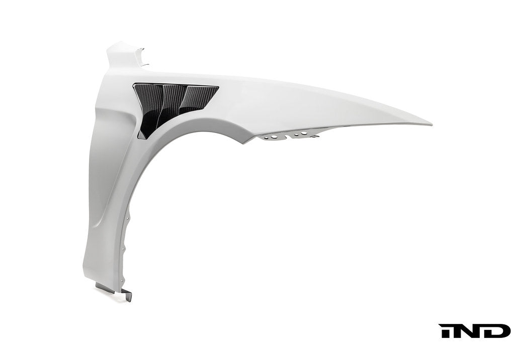 Alpha N F82 M4 carbon vented front fender set mounted on white background, showcasing lightweight exterior car body parts.
