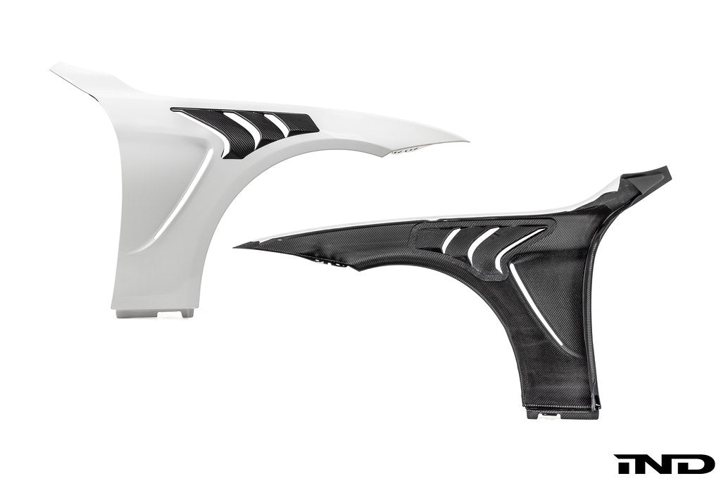 Alpha-N F82 M4 carbon vented front fender set, exterior car parts, shown on a white background.