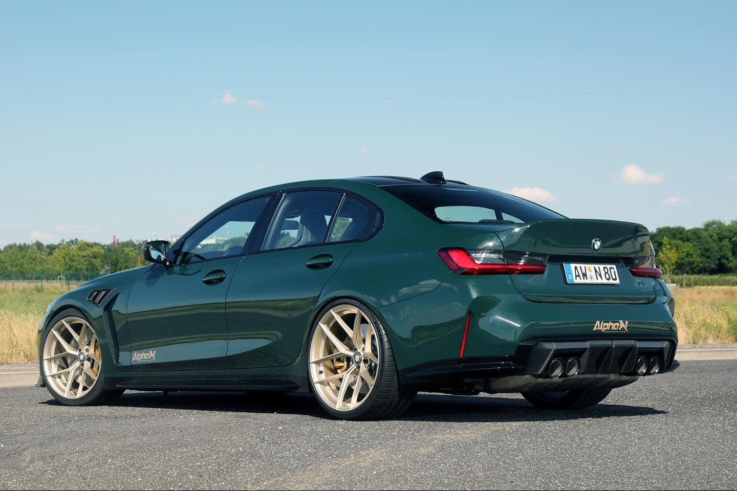 Alpha N G80 M3 Carbon CSL trunk lid installed on a BMW M3 G80, showcasing lightweight carbon fiber exterior upgrade.