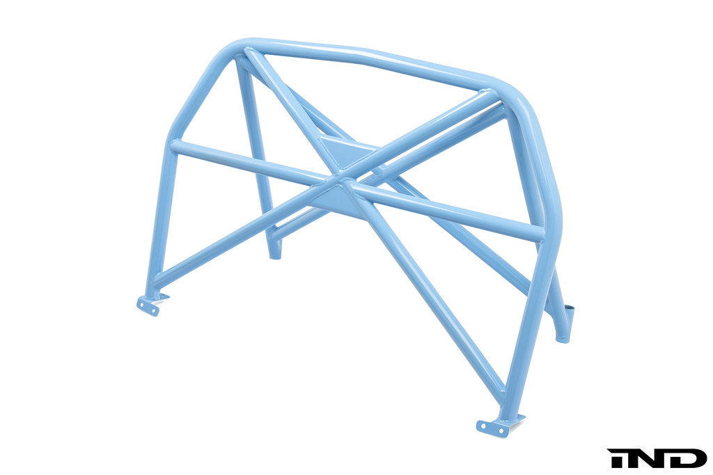 White Alpha N G87 M2 bolt-in harness bar for vehicle interior, designed for secure seat belt attachment and safety enhancement.
