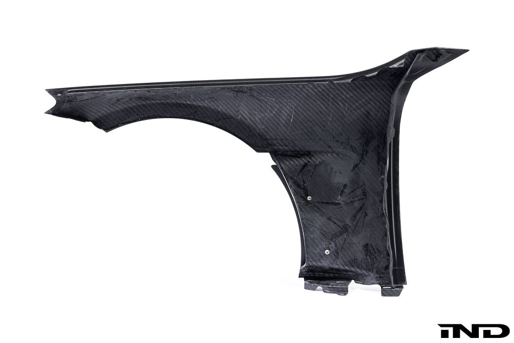 Alpha N G87 M2 Carbon front fender set with V2 blades, white background, showcasing sleek, lightweight exterior car parts.