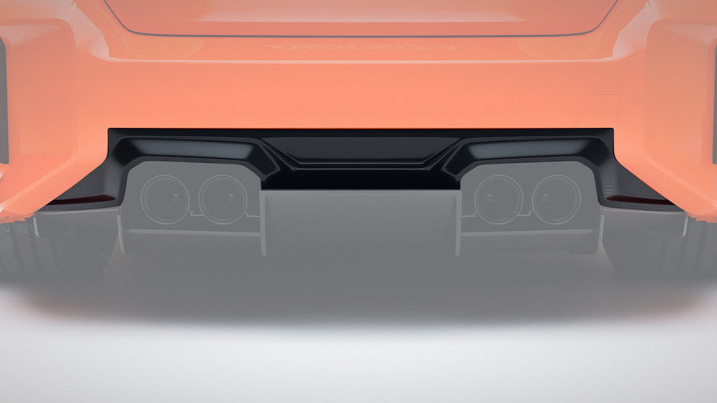Alpha N G87 M2 carbon rear diffuser installed on a BMW M2 G87, showcasing its sleek, lightweight exterior design.