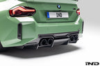Alpha N G87 M2 carbon rear diffuser installed on a BMW M2 G87, showcasing its sleek exterior design.
