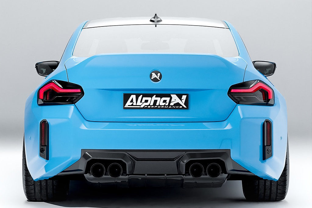 Alpha-N G87 M2 Carbon rear diffuser installed on a BMW M2 G87, showing its sleek, aerodynamic exterior design.