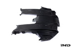 Alpha N G87 M2 carbon rear underbody floor kit installed on a white background, showcasing its aerodynamic design and lightweight construction.