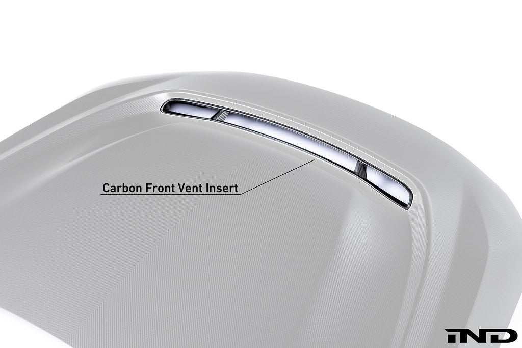 Alpha N G87 M2 carbon vented hood installed on a car, showcasing lightweight, aerodynamic exterior design against a white background.