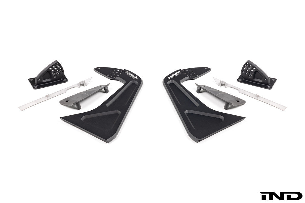 Alpha N Corse Swan Neck Rear Wing installed on a vehicle, showcasing its aerodynamic design and white finish on a plain background.