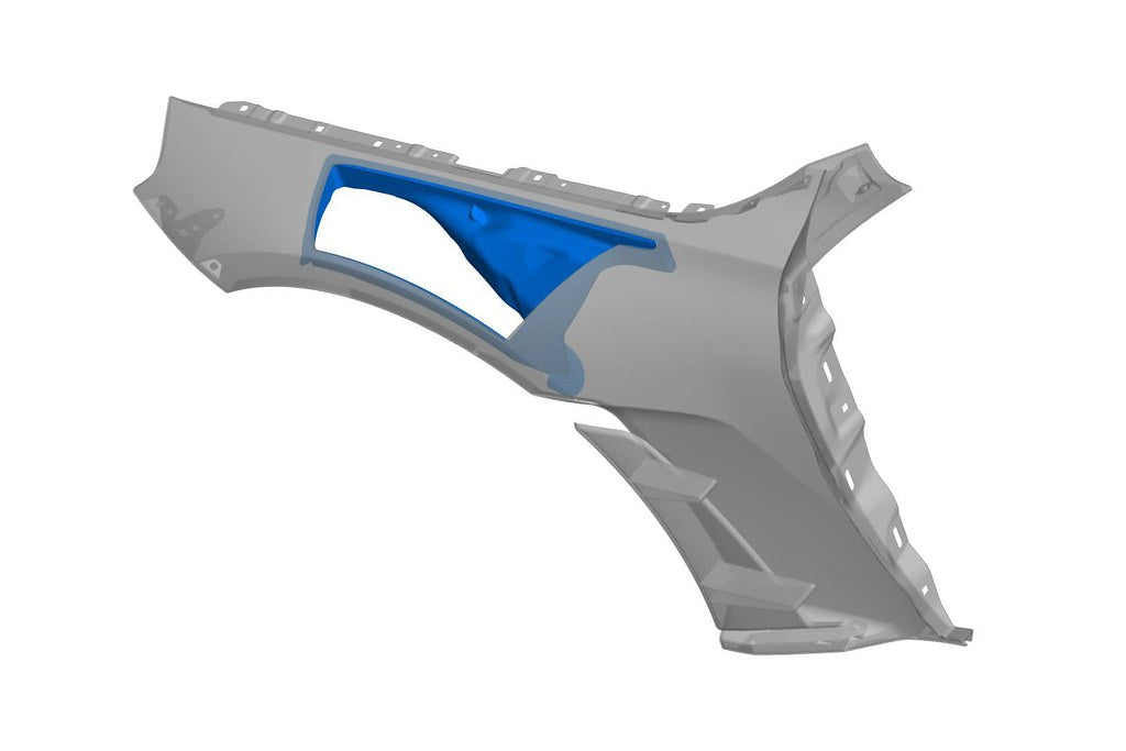 Alpha-N G87 M2 wheelhouse adapters and vented fender liner insert set shown in a CAD render on white background.