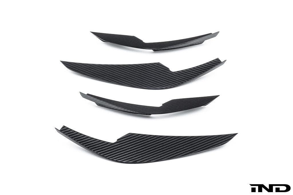 Alpha N G8X M3 M4 carbon canard set, exterior aerodynamic components, shown on white background with detailed close-up views.