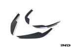 Alpha-N G8X M3 M4 carbon canard set installed on vehicle, showing aerodynamic exterior enhancements in white background.