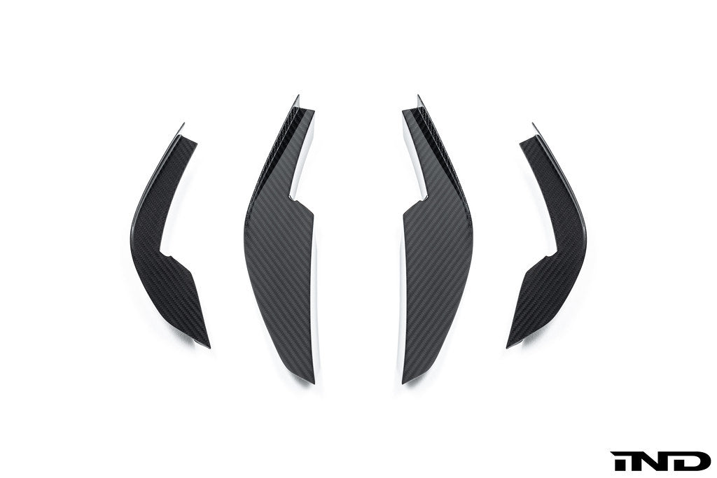Alpha N G8X M3 M4 carbon canard set mounted on a white background, showcasing aerodynamic exterior enhancements.