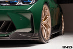 Alpha N G8X M3 M4 carbon aeroblades exterior installed on front spoiler, enhancing sporty look and aerodynamics.