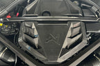 Alpha N G8X S58 carbon engine cover installed on BMW M2, M3, or M4 exterior engine bay, showcasing sleek black carbon fiber design.
