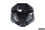 Alpha N G8X S58 carbon engine cover mounted on BMW G8X M2 M3 M4 exterior, white background showcasing sleek carbon fiber design.