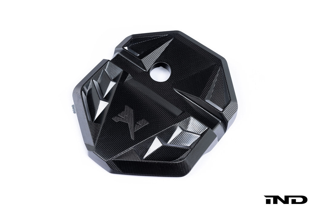 Alpha N G8X S58 carbon engine cover for M2, M3, M4, shown on a white background with a sleek exterior design.