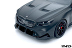 Alpha N G90 G99 M5 carbon front corner splitter set installed on a vehicle's front corners, showcasing sleek aerodynamic design.