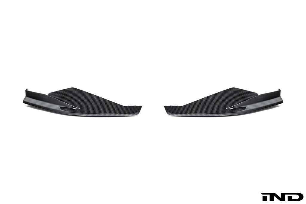 Alpha N G90 G99 M5 carbon front corner splitter set, two-piece exterior car accessories with white background.