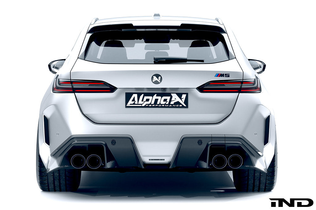 Alpha N G90 G99 M5 carbon rear diffuser installed on exterior of vehicle, showcasing sleek aerodynamic design.