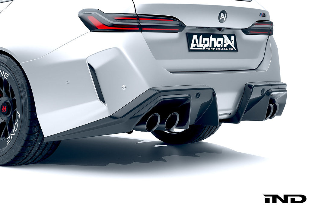 Alpha N G90 G99 M5 carbon rear diffuser installed on exterior of vehicle, showcasing sleek aerodynamic design.