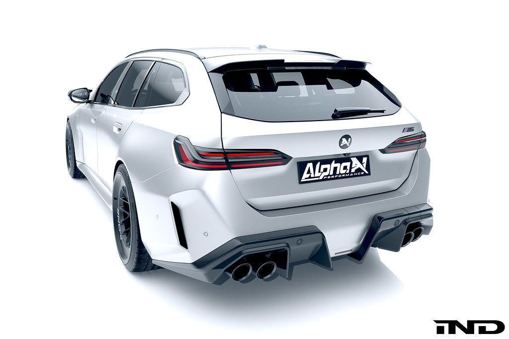 Alpha N G90 G99 M5 carbon rear diffuser installed on the vehicle, showcasing its sleek, aerodynamic exterior design.