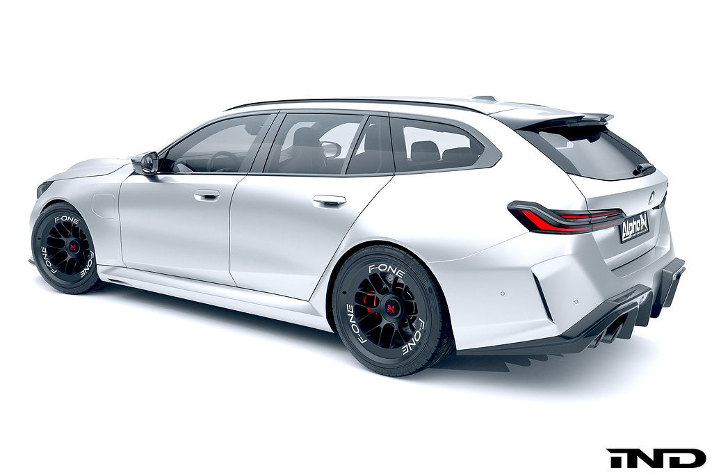 Alpha N G90 G99 M5 Carbon rear diffuser installed on vehicle, showcasing its sleek aerodynamic design and premium carbon fiber finish.