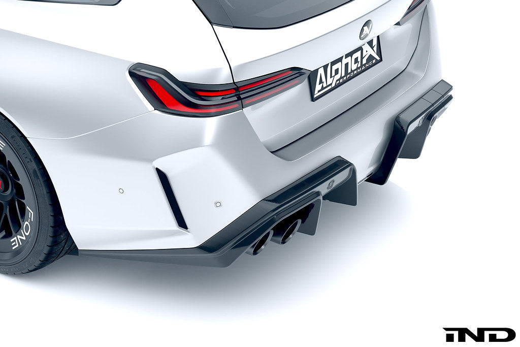 Alpha N G90 G99 M5 carbon rear diffuser installed on vehicle, showcasing sleek aerodynamic exterior styling.