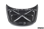 Alpha N carbon hood for Porsche 991, 718, and 981 models, exterior view showcasing lightweight carbon fiber material.