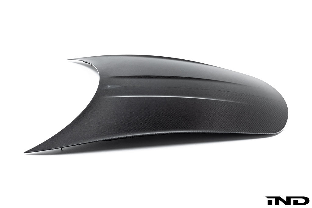 Alpha N carbon hood for Porsche 991, 718, and 981 models, shown in exterior view with detailed carbon fiber surface.