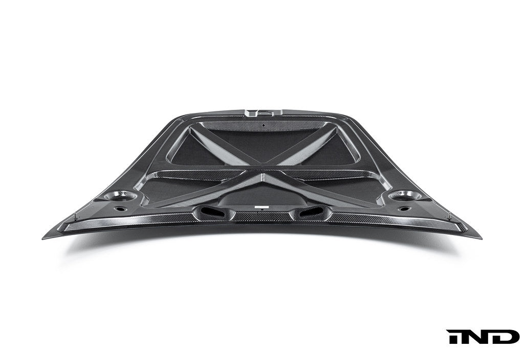 Alpha N carbon hood for Porsche 991, 718, and 981 models, exterior view showing lightweight carbon fiber material.