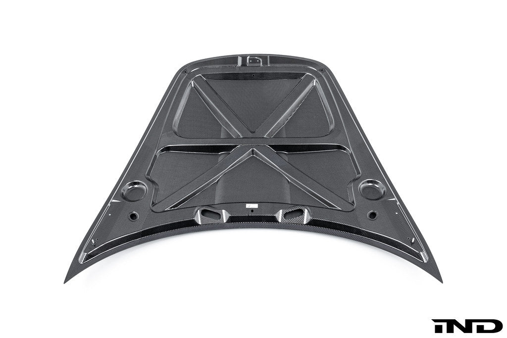 Alpha N carbon hood for Porsche 991, 718, and 981 models, exterior view showcasing lightweight carbon fiber construction.