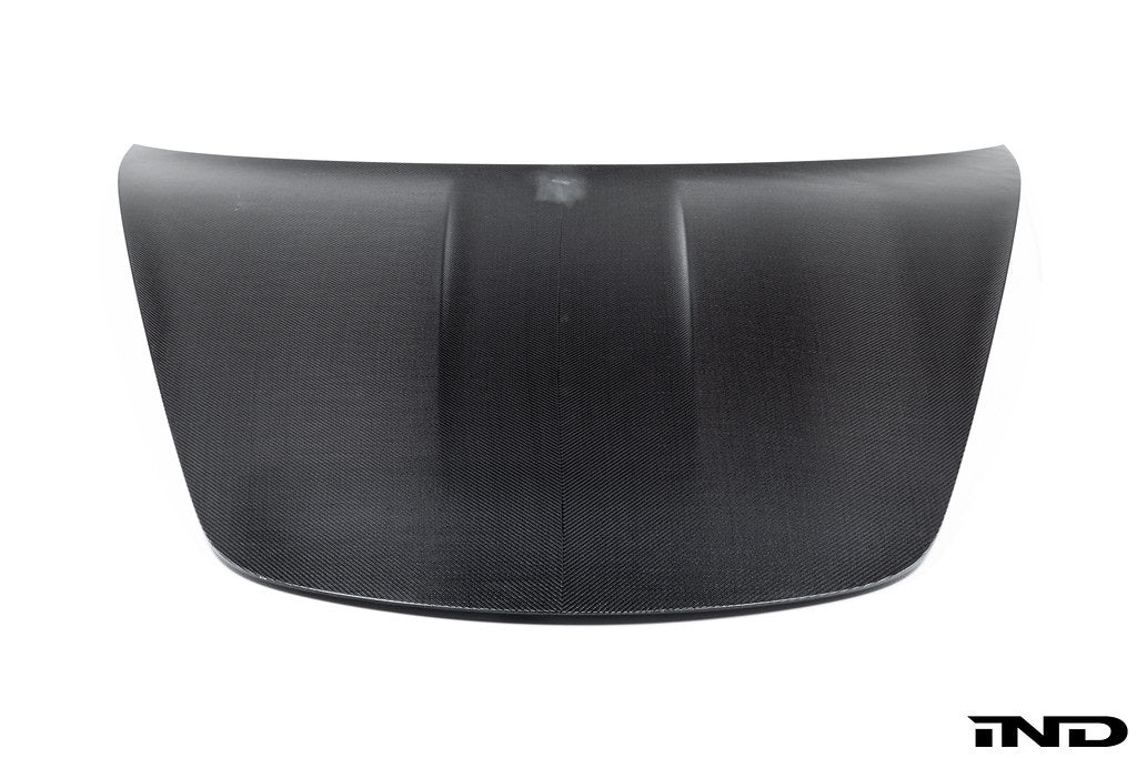 Alpha N carbon hood for Porsche 991, 718, and 981 models, exterior view showing sleek carbon fiber design and fitment details.