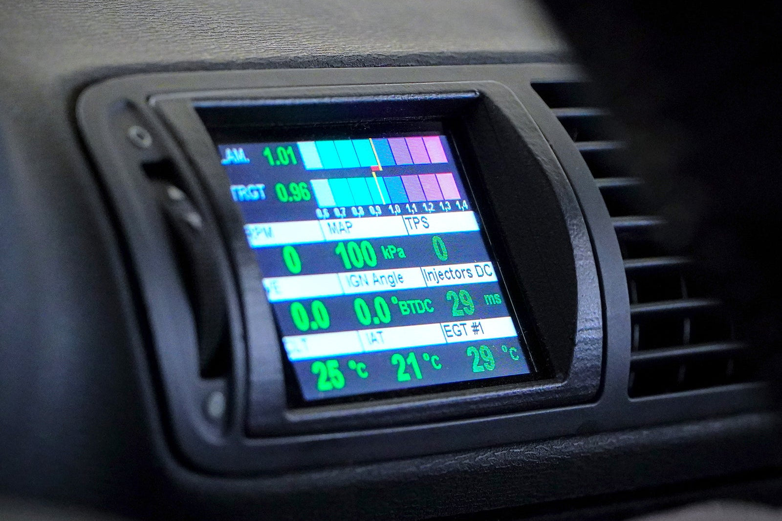 CANchecked MFD32 Gen2 3.2-inch multi-function display installed in a left-hand drive Audi 8L A3 / S3 Pre-Facelift, featuring a vehicle-specific dashboard integration.