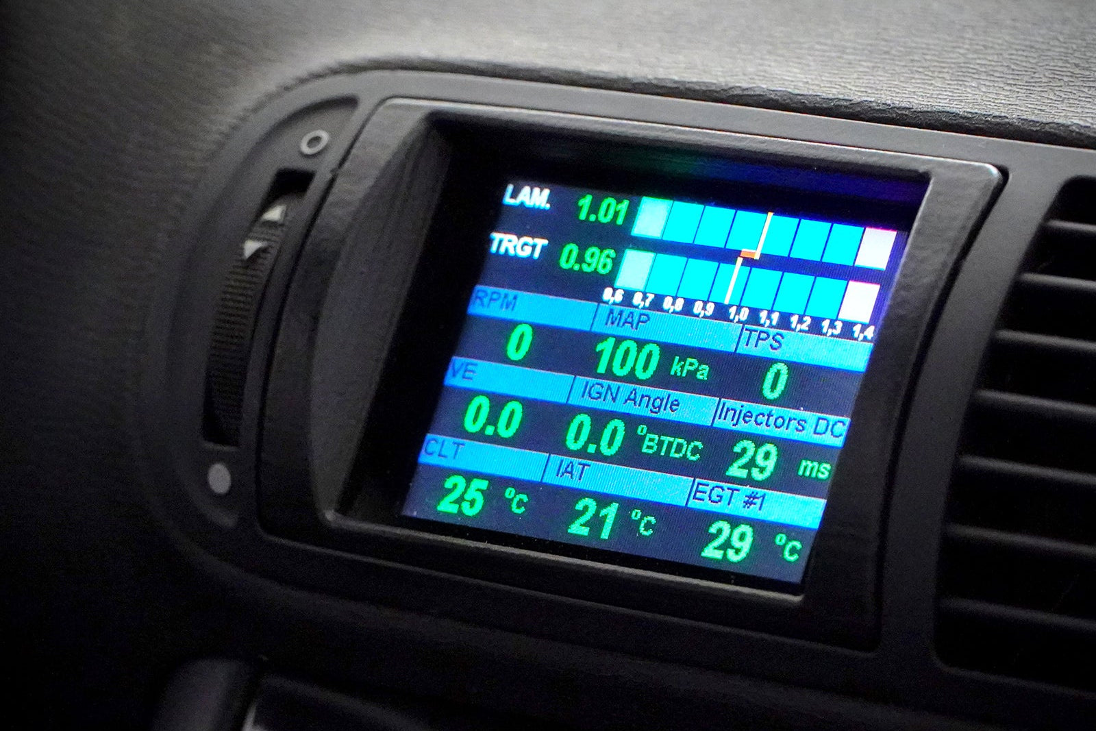 CANchecked MFD32 Gen2 3.2-inch multi-function display installed in a left-hand drive Audi 8L A3 / S3 Pre-Facelift, featuring a vehicle-specific dashboard integration.