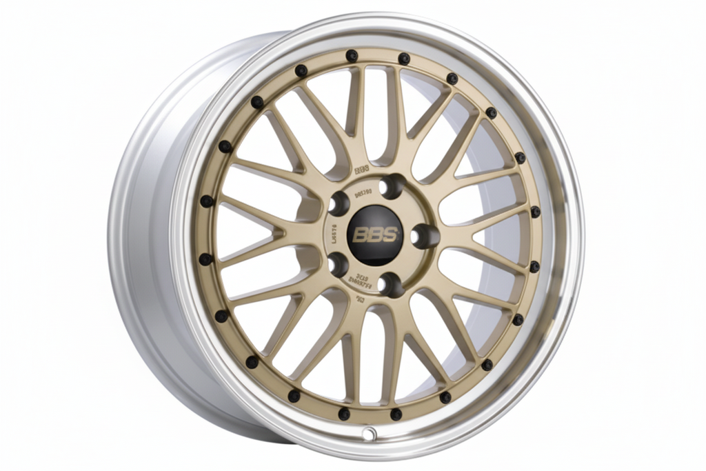 BBS LM Wheel in Gold finish with 'BBS' logo center cap on a white background