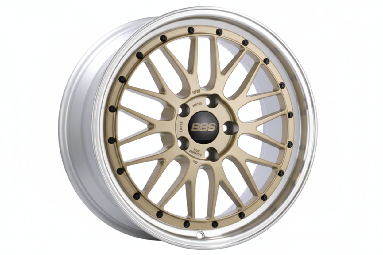 BBS LM Wheel in Gold finish with 'BBS' logo center cap on a white background