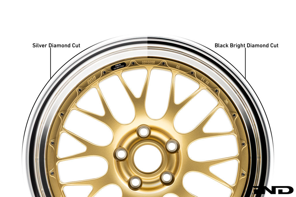 Image of the BBS RT-88 Gold alloy wheel comparing the 'Silver Diamond Cut' and 'Black Bright Diamond Cut' lip finish options against a white background.