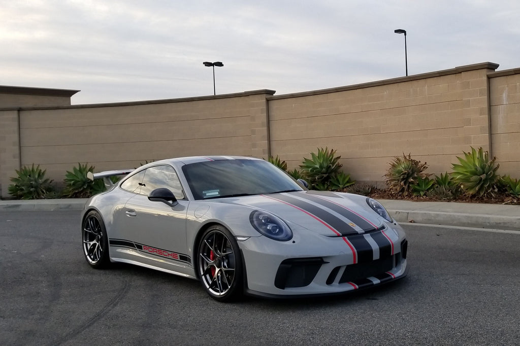 BBS 991 911 GT3 FI-R 20-inch platinum gloss wheels installed on a Porsche 911 GT3, showcasing sleek wheel design and finish.
