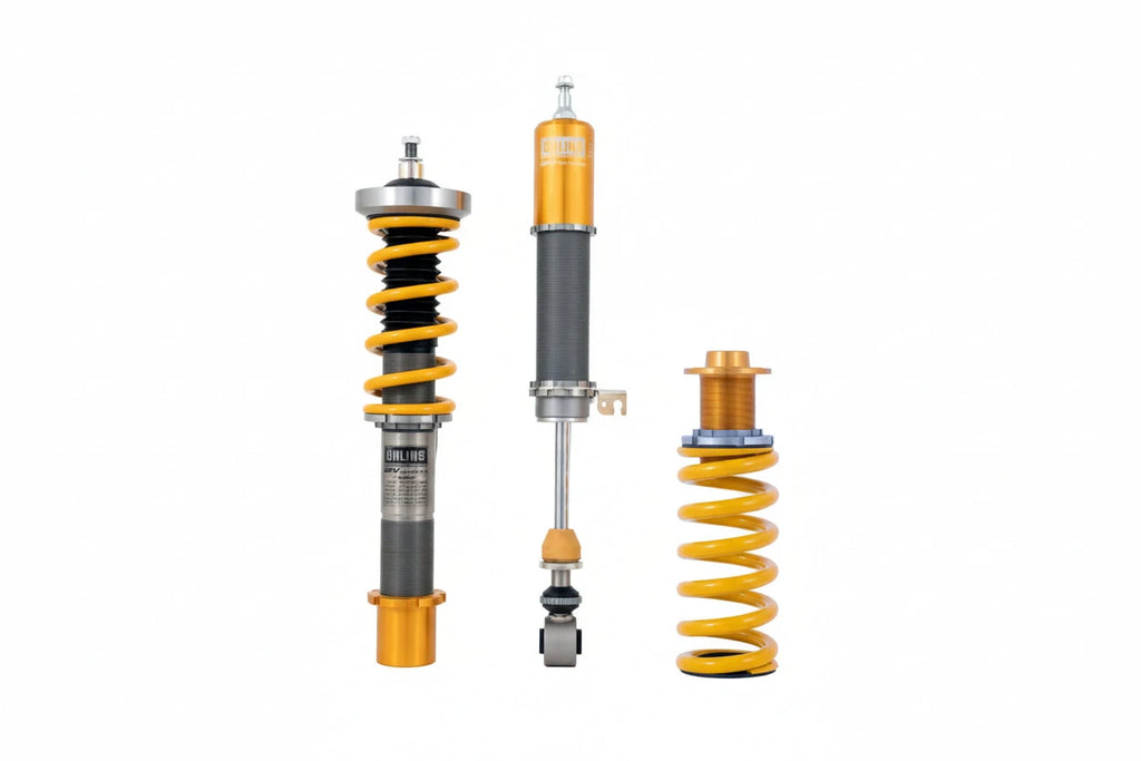 Ohlins G29 Z4 and A9X GR Supra coilover suspension installed, showcasing sleek shock absorbers for road and track performance.