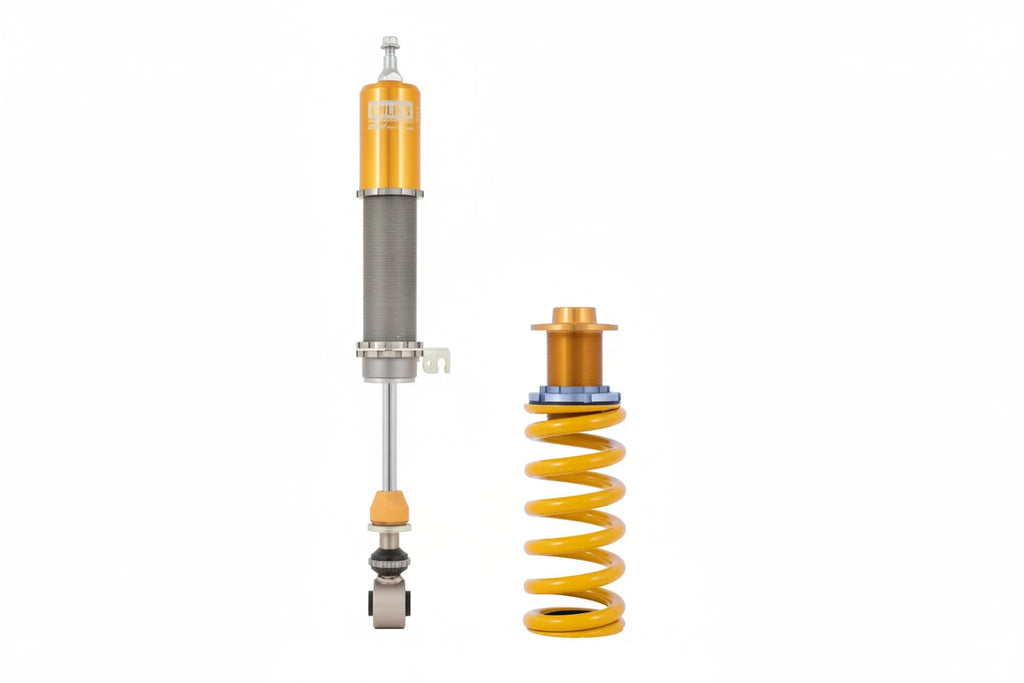 Ohlins G29 Z4 / A9X GR Supra coilover suspension installed on a car, showcasing high-performance suspension components for road and track use.