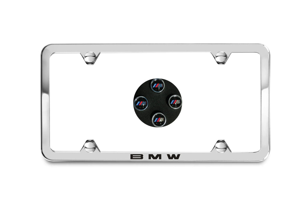 BMW Laser Slimline License Plate Frame with M Logo Valve Stem Caps - Polished Silver