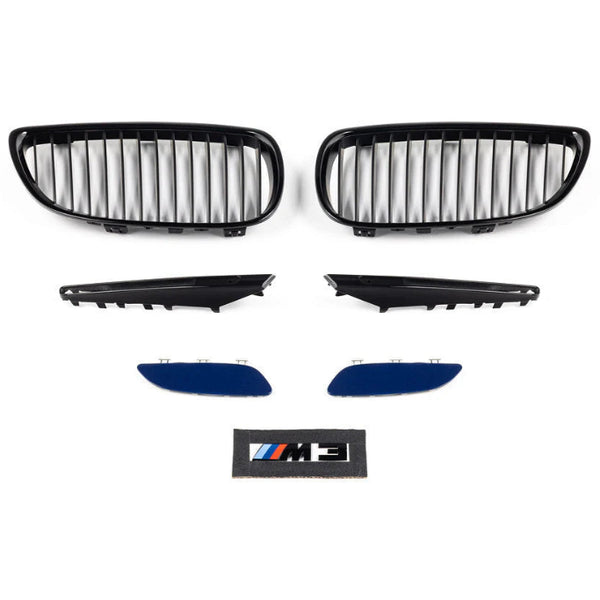 IND exterior upgrades for the BMW E90, E92, and E93 M3 featuring painted front reflectors, painted front grilles, painted side grilles, and a color-matched hood emblem for a complete OEM+ appearance.