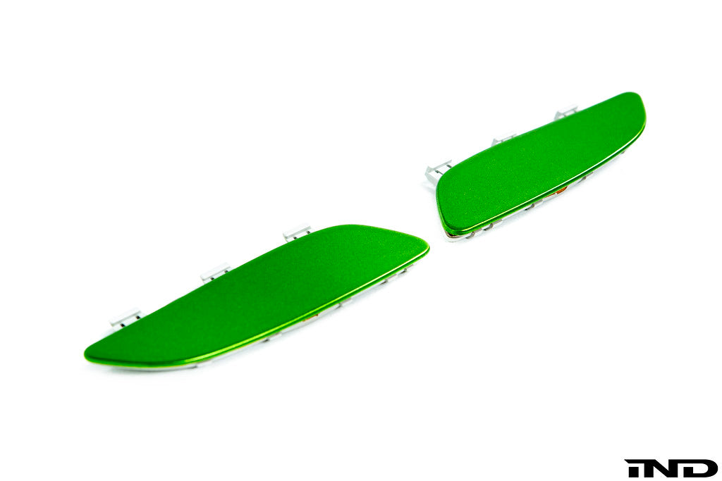 IND Painted Front Reflector Set for the BMW E90, E92, and E93 M3 in Java Green Metallic (W14), shown on a white background using genuine BMW reflector cores and OEM paint codes.