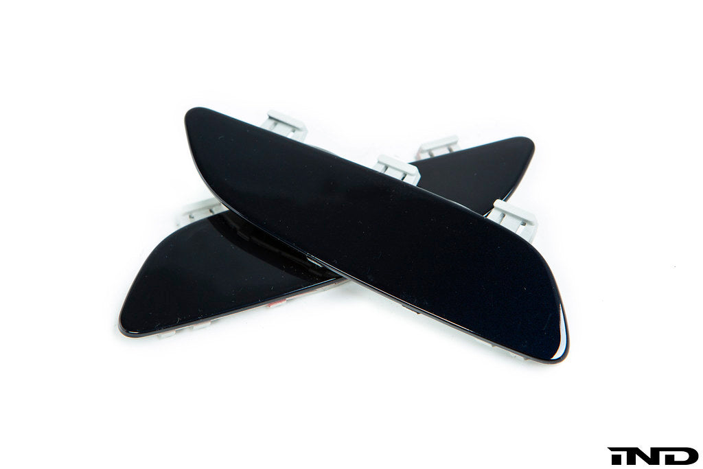 IND Painted Front Reflector Set for the BMW E90, E92, and E93 M3 in Jerez Black Metallic (A73), shown on a white background using genuine BMW reflector cores and OEM paint codes.