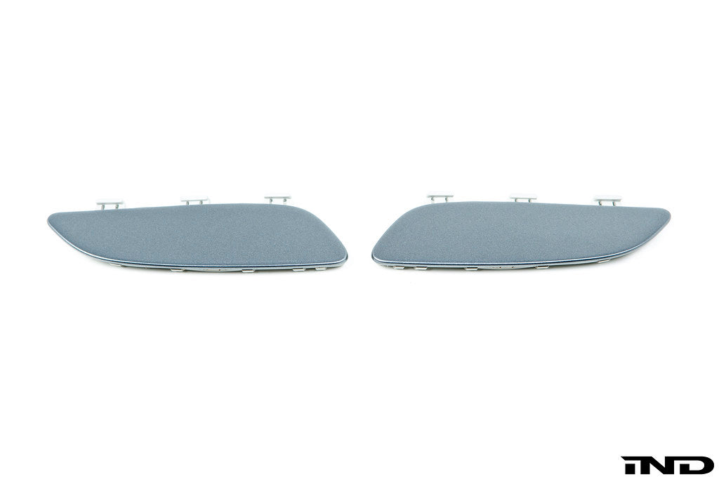 IND Painted Front Reflector Set for the BMW E90, E92, and E93 M3 in Space Gray Metallic (A52), shown on a white background using genuine BMW reflector cores and OEM paint codes.