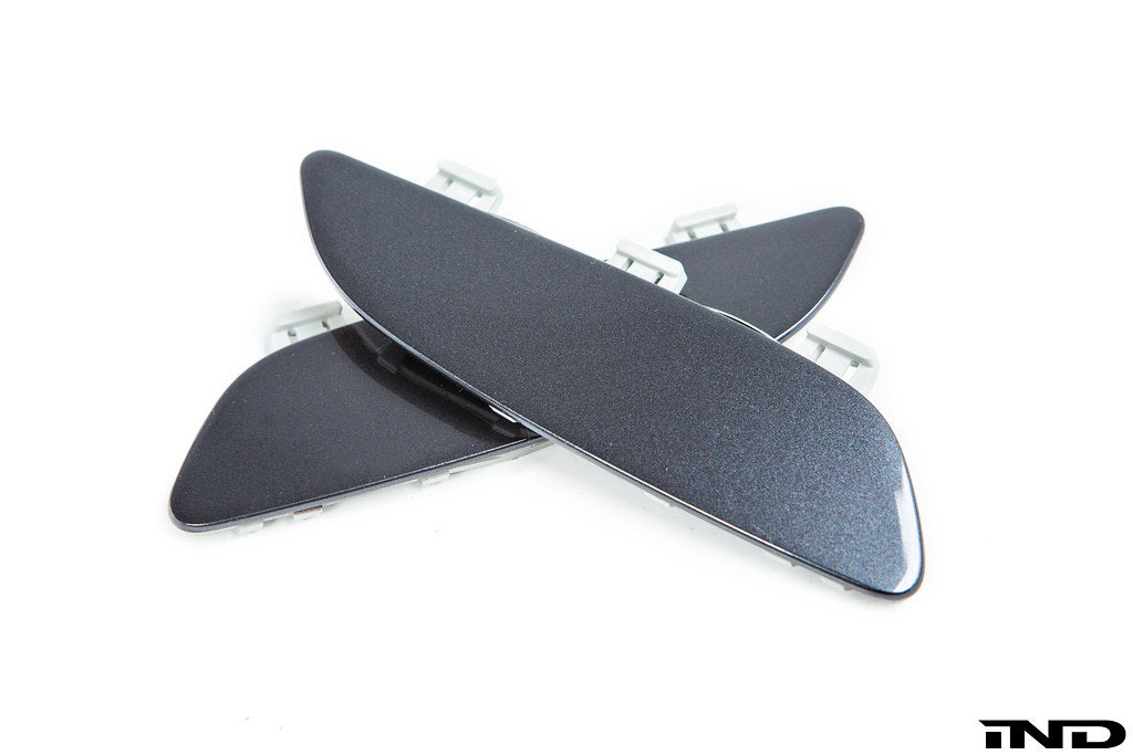 IND Painted Front Reflector Set for the BMW E90, E92, and E93 M3 in Sparkling Graphite Metallic (A22), shown on a white background using genuine BMW reflector cores and OEM paint codes.